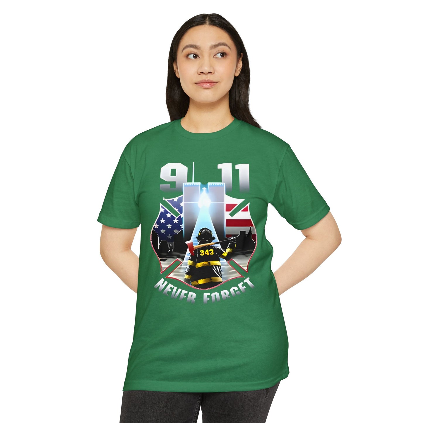 9/11 Never Forget T-Shirt — Firefighter Tribute Tee with Twin Towers & American Flag