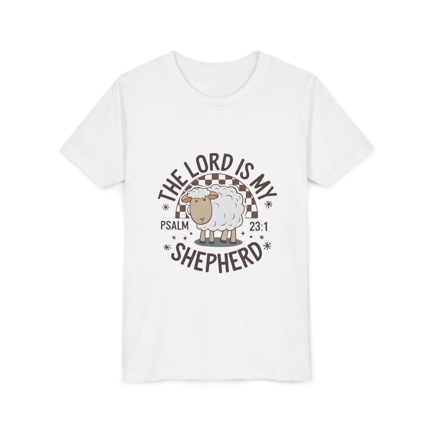 Youth Tee — "The Lord Is My Shepherd" Psalm 23:1 Christian Kids T‑Shirt (Sheep Design)