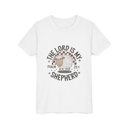 Youth Tee — "The Lord Is My Shepherd" Psalm 23:1 Christian Kids T‑Shirt (Sheep Design)