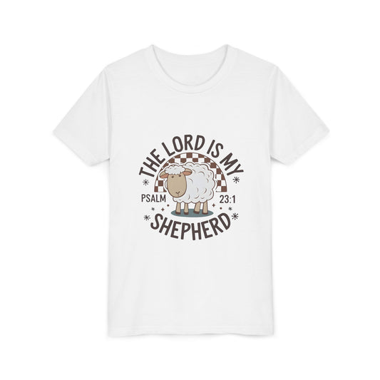 Youth Tee — "The Lord Is My Shepherd" Psalm 23:1 Christian Kids T‑Shirt (Sheep Design)