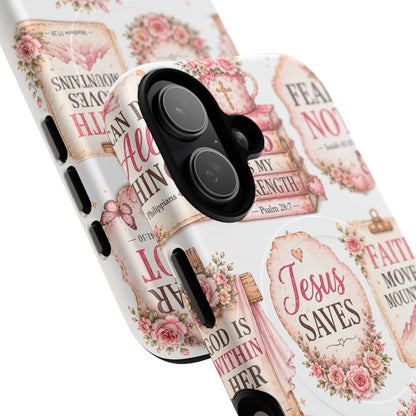Christian Faith iPhone Tough Magnetic Case — 'Jesus Saves' Floral Scripture Design (Fear Not, Faith Moves Mountains)