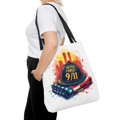 Never Forget 9/11 Memorial Tote Bag — Firefighter Helmet & Flag Tribute