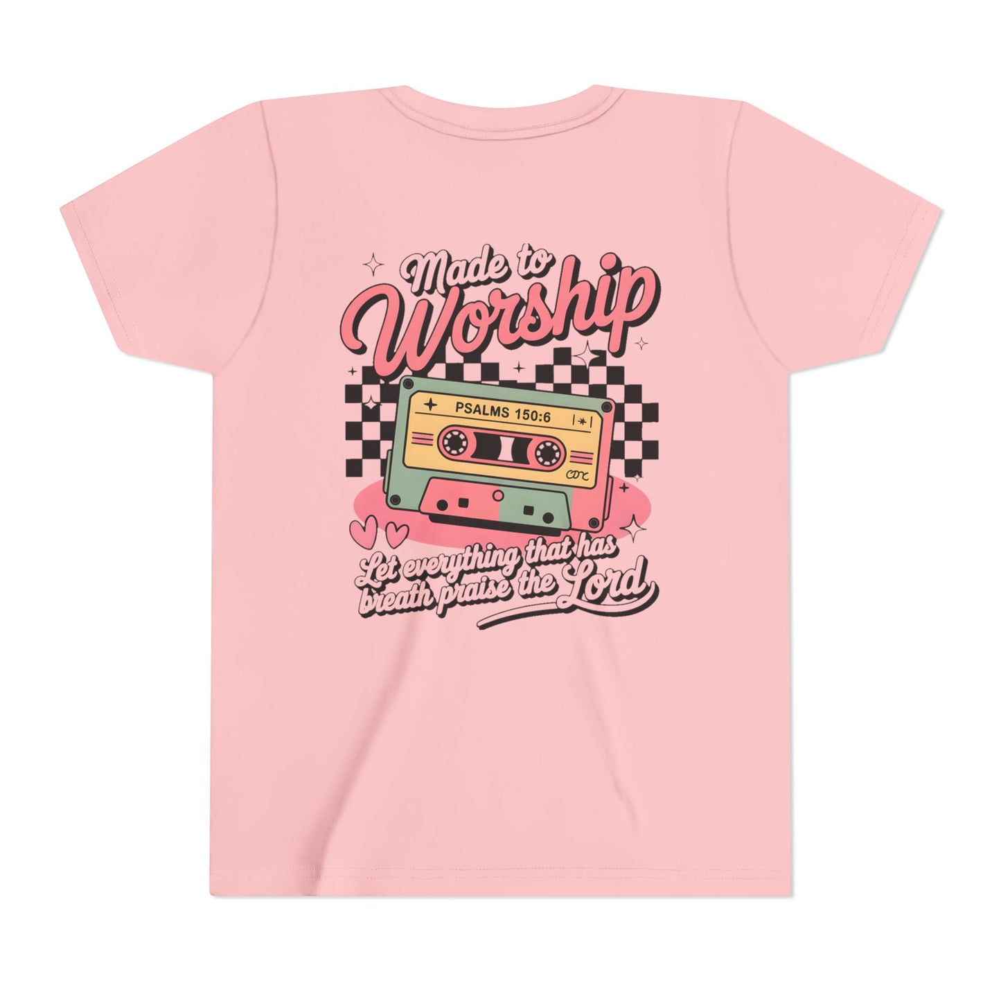 Made to Worship Youth Tee – Retro Cassette Christian Kids Shirt (Psalms 100:4)