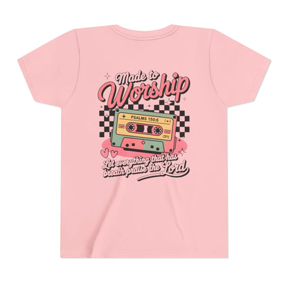 Made to Worship Youth Tee – Retro Cassette Christian Kids Shirt (Psalms 100:4)