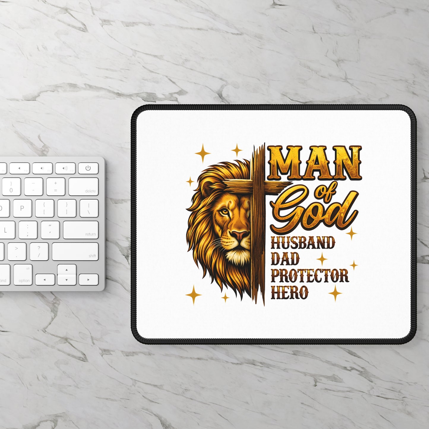 Man of God Lion Cross Gaming Mouse Pad — Husband Dad Protector Hero