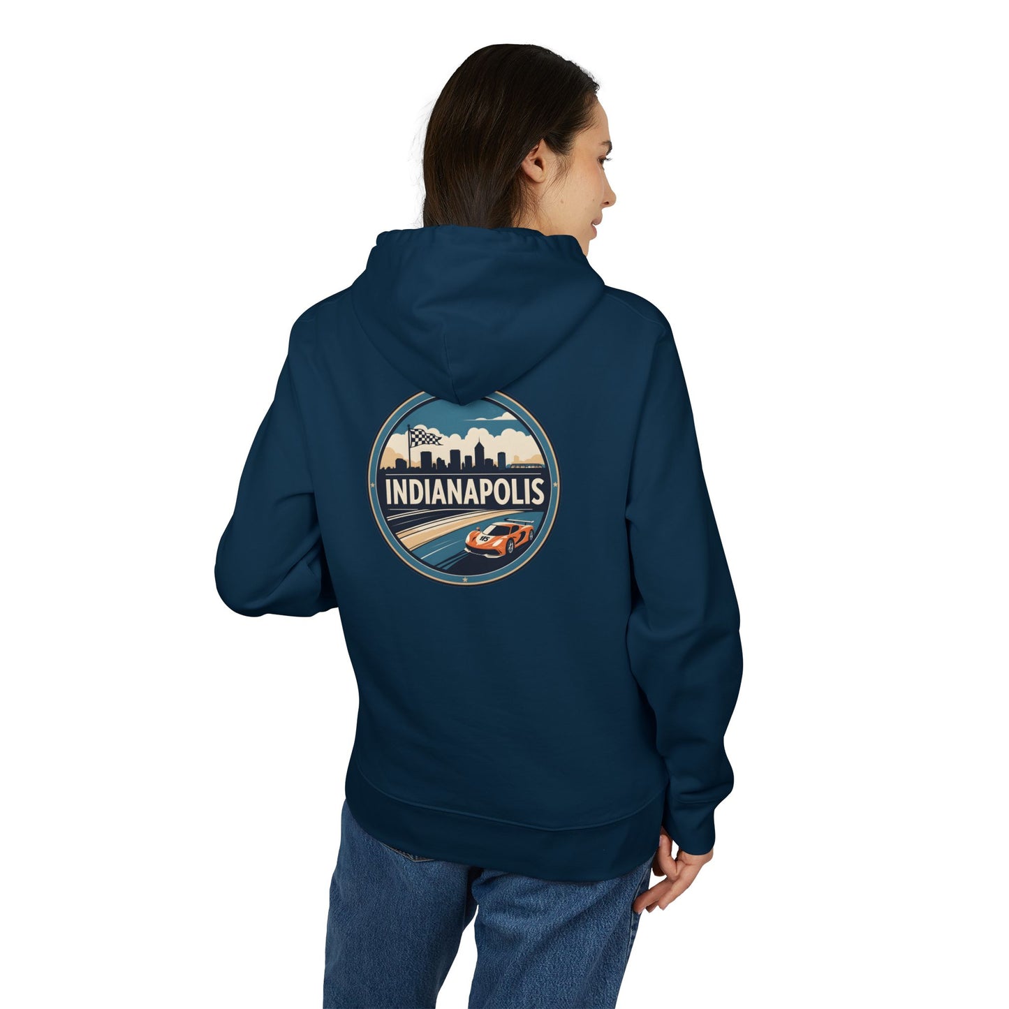 Indianapolis Racing Hoodie — Retro City Skyline & Racecar Design