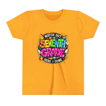 Seventh Grade Kids T-Shirt – “Watch Out Seventh Grade Here I Come” Back-to-School Tee