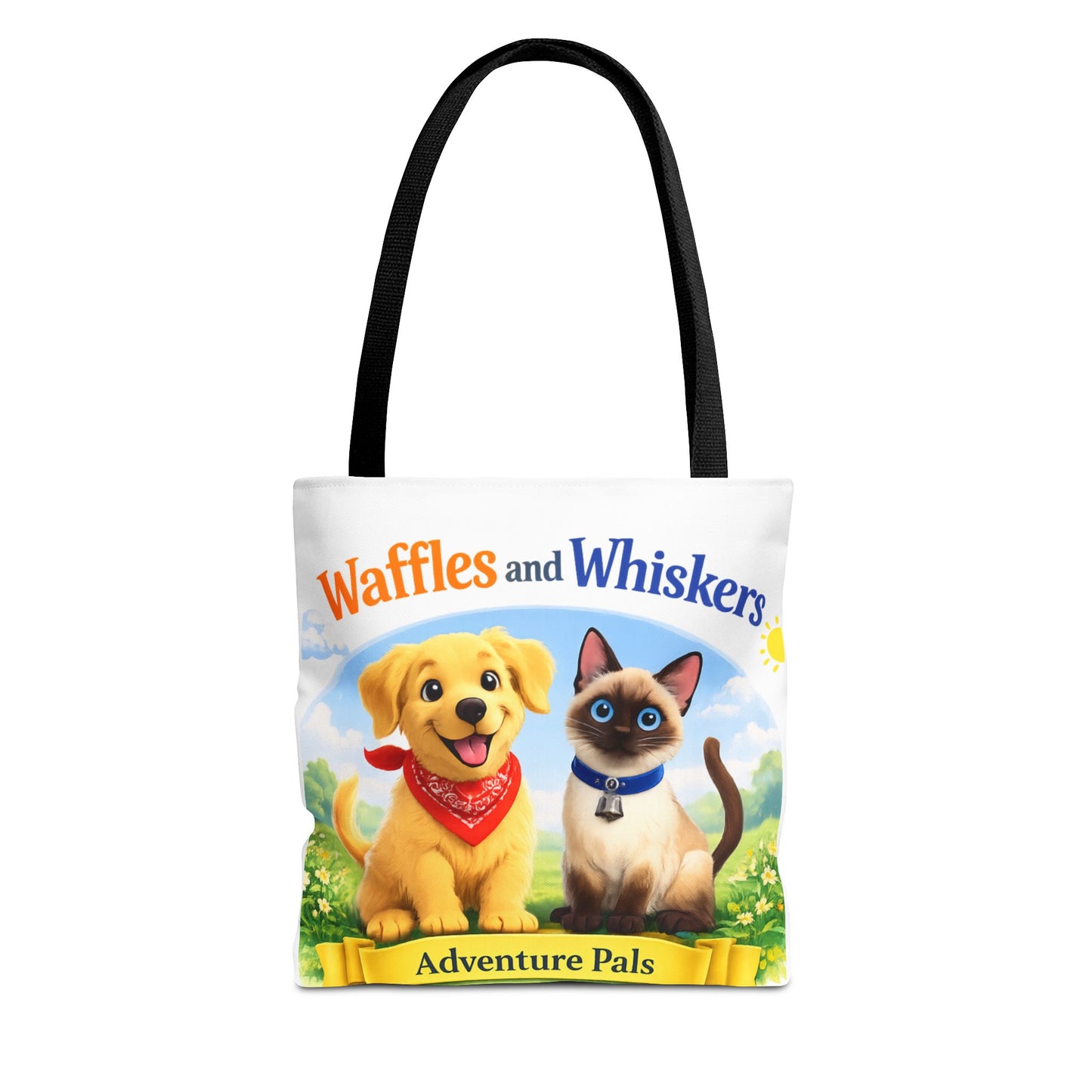Waffles & Whiskers Adventure Pals Tote Bag — Cute Puppy and Kitten Kids Book Design