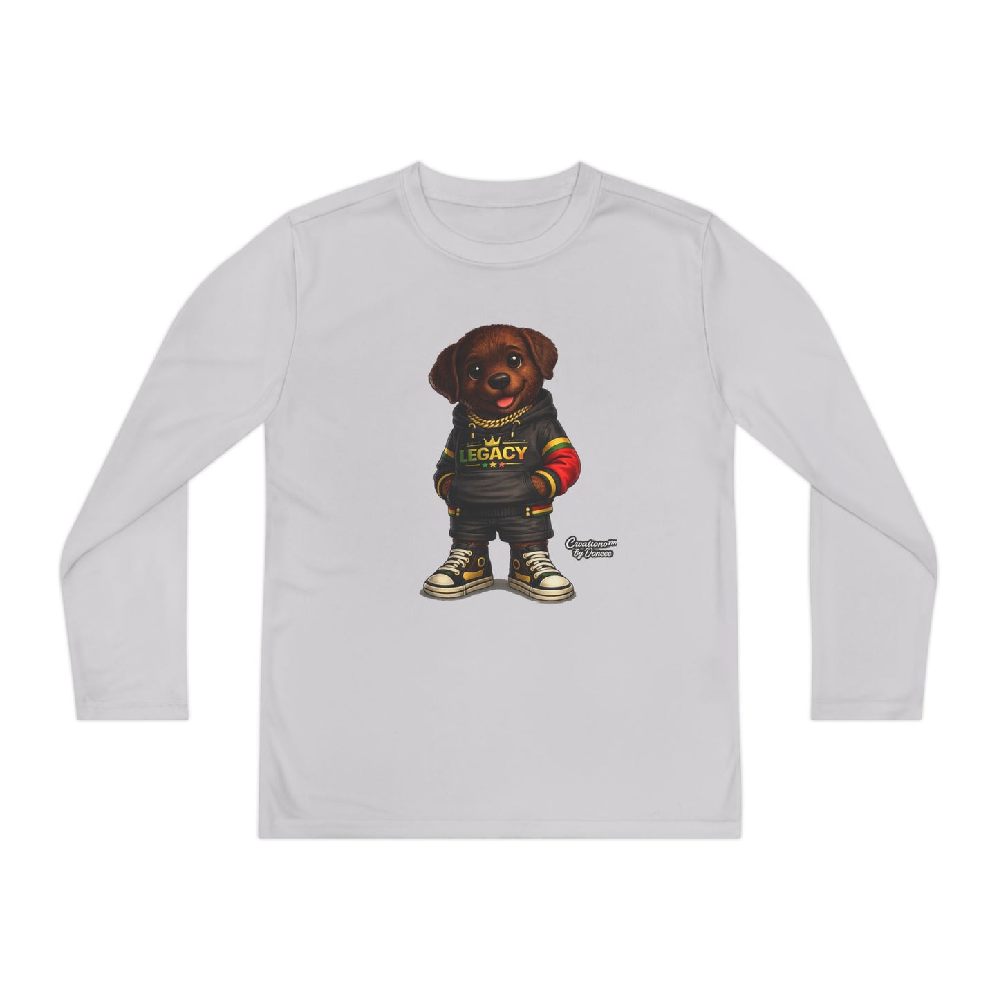 Kids Long Sleeve Tee — Brown Puppy Wearing 'Legacy' Hoodie Graphic