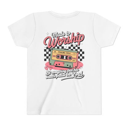 Made to Worship Youth Tee – Retro Cassette Christian Kids Shirt (Psalms 100:4)