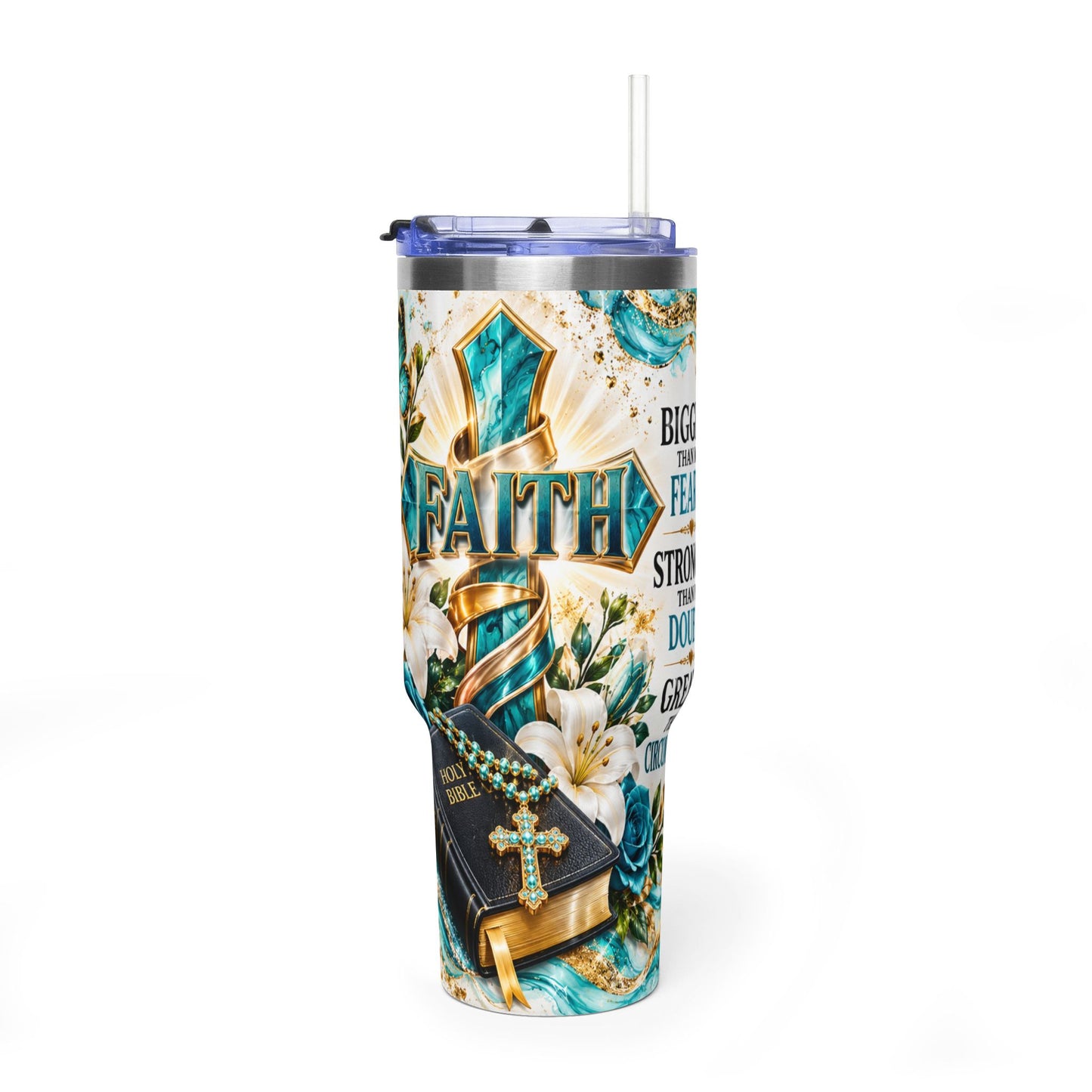 Faith 40oz Vacuum Tumbler — Inspirational Christian Travel Cup with Cross & Bible Design