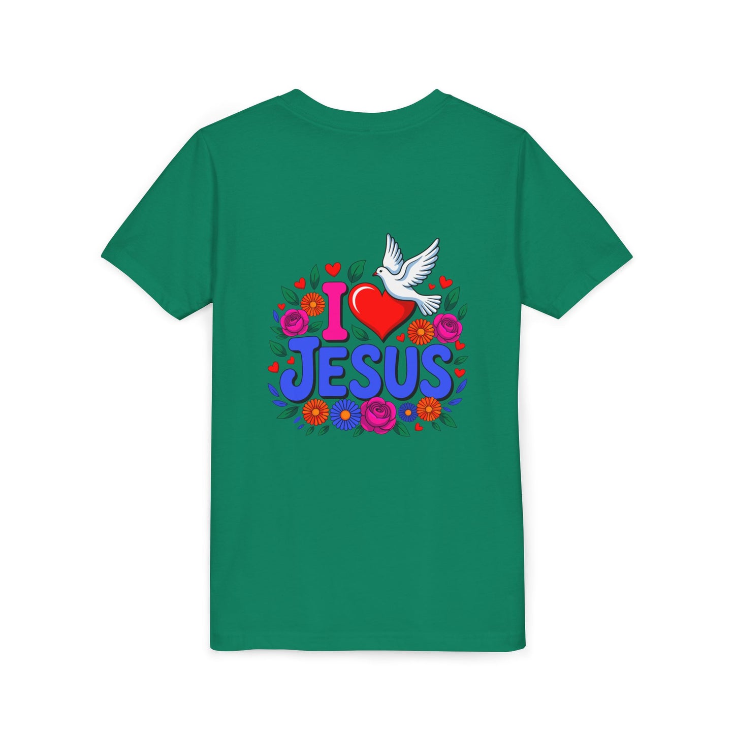 Youth Tee — "I  Jesus" Colorful Dove & Floral Christian Shirt