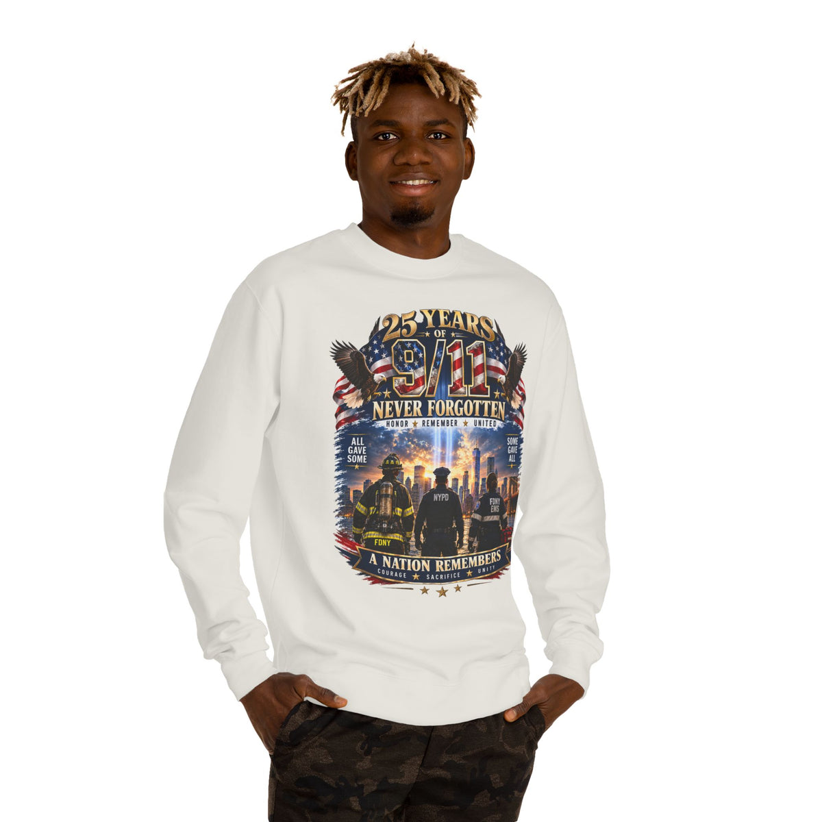 9/11 Never Forgotten Crewneck Sweatshirt — 25 Years Memorial Tribute
