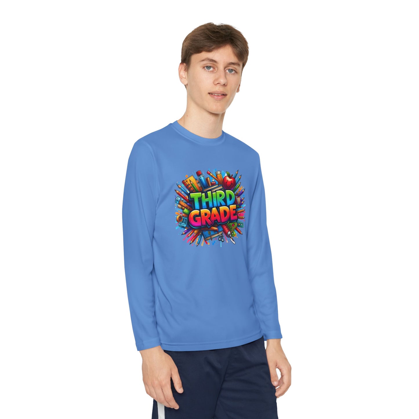 Third Grade Youth Long Sleeve Tee — Colorful School Supplies Design