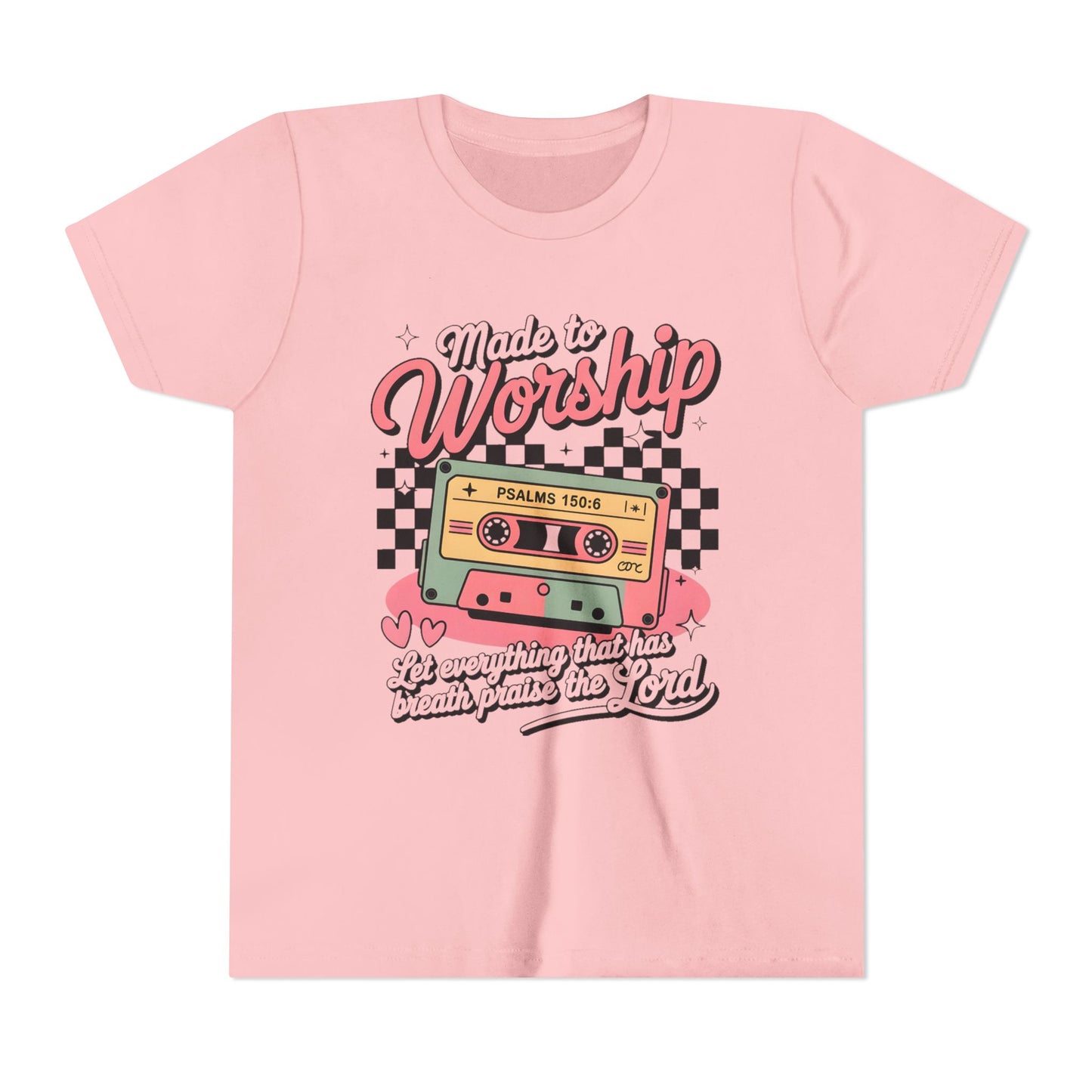 Made to Worship Youth Tee – Retro Cassette Christian Kids Shirt (Psalms 100:4)
