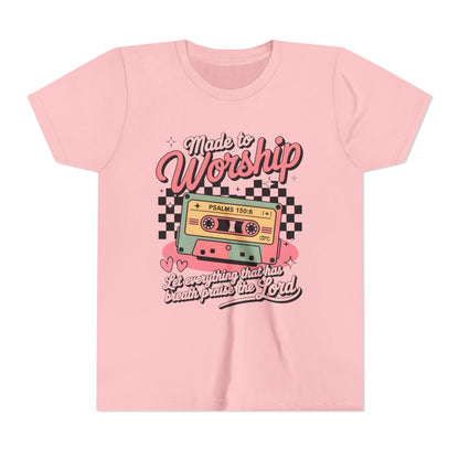Made to Worship Youth Tee – Retro Cassette Christian Kids Shirt (Psalms 100:4)