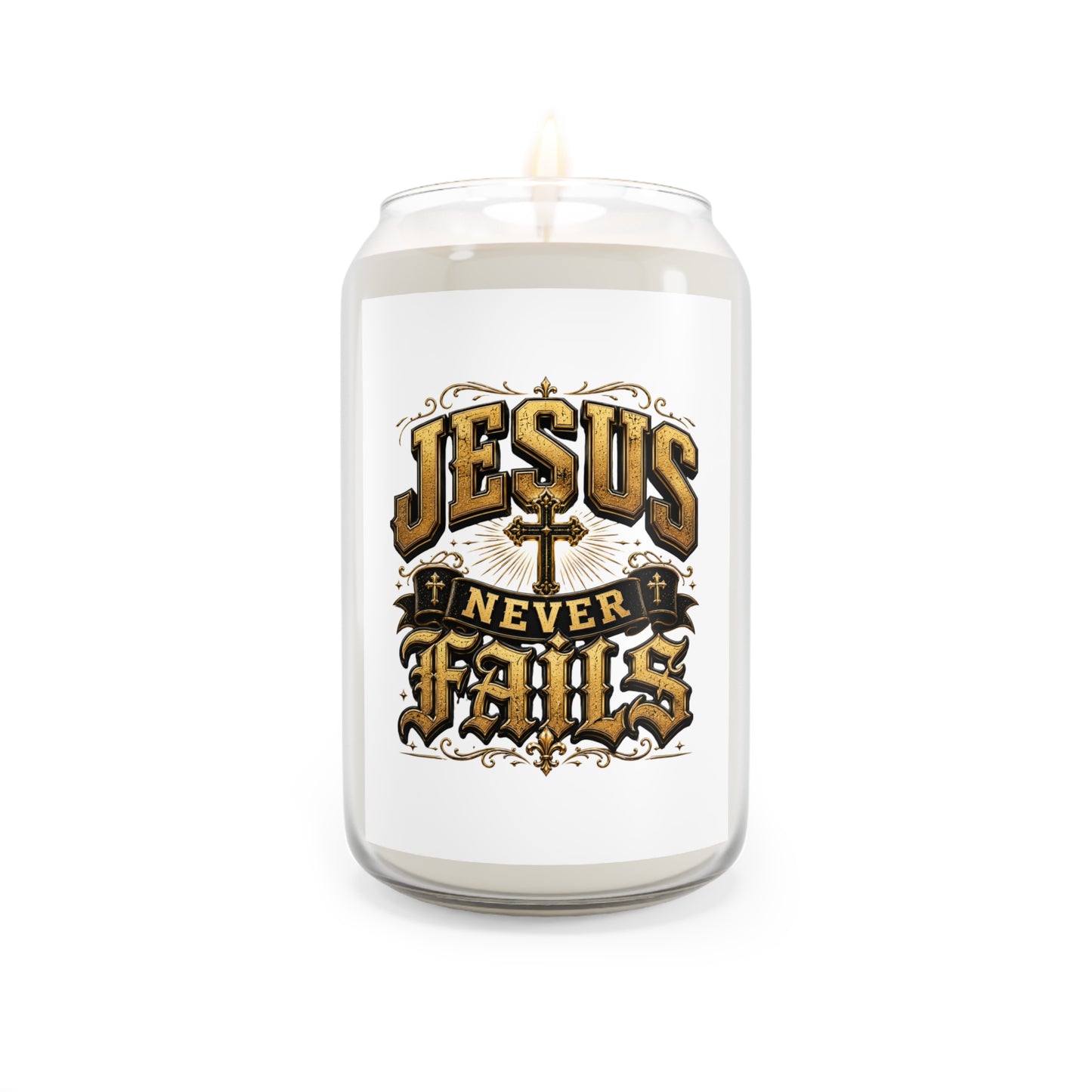 Scented Soy Candle — "Jesus Never Fails" Inspirational Religious Jar (13.75 oz)