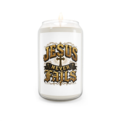 Scented Soy Candle — "Jesus Never Fails" Inspirational Religious Jar (13.75 oz)