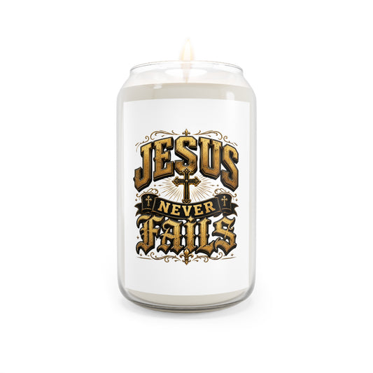 Scented Soy Candle — "Jesus Never Fails" Inspirational Religious Jar (13.75 oz)
