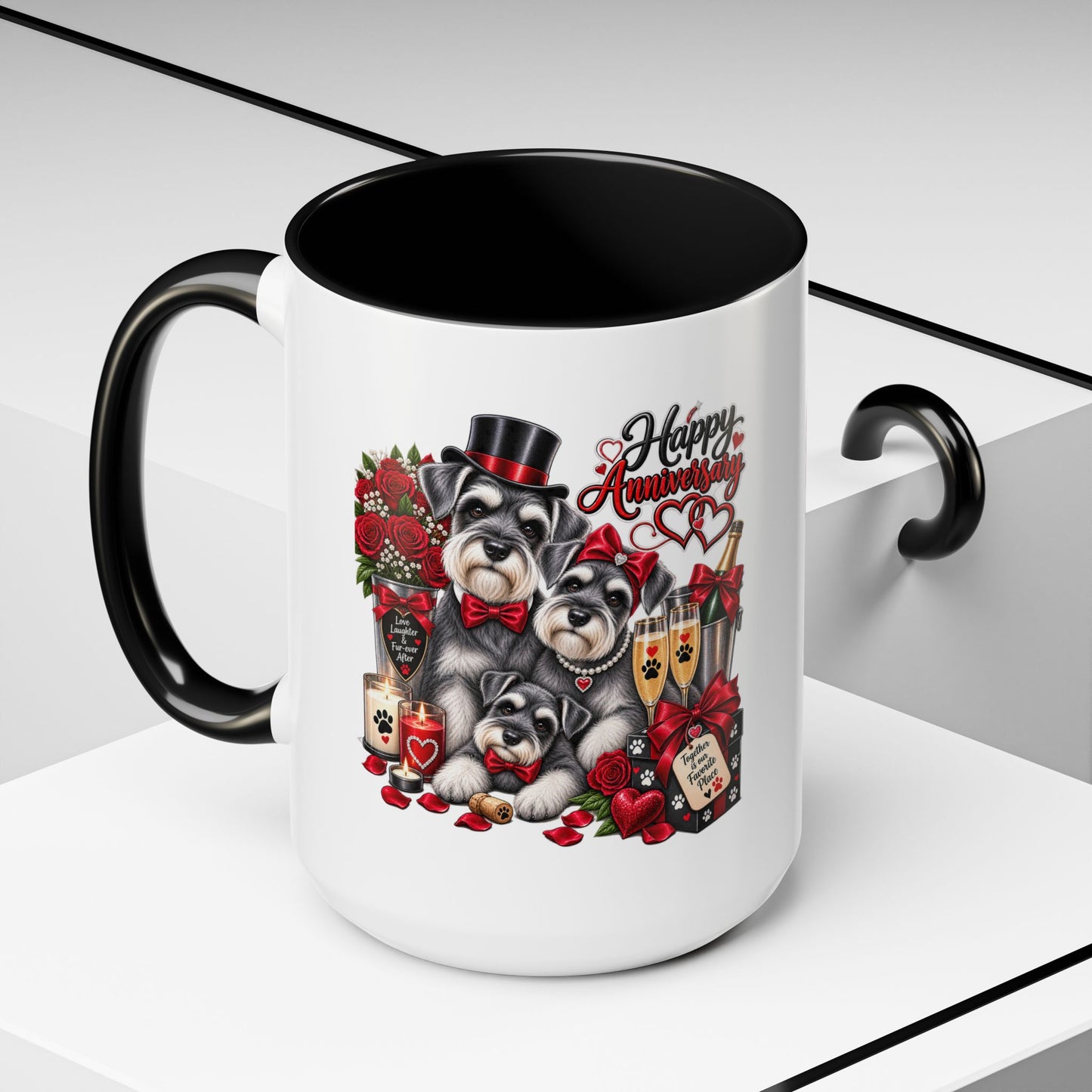 Happy Anniversary Dog Coffee Mug — Cute Pups, Champagne & Roses Accent Mug