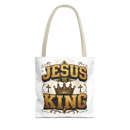 Jesus Is King Tote Bag - Christian Faith Crown Design