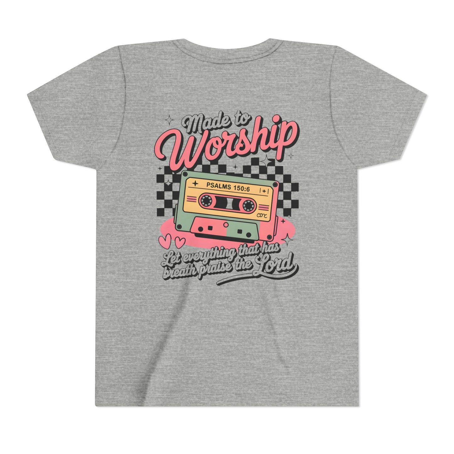 Made to Worship Youth Tee – Retro Cassette Christian Kids Shirt (Psalms 100:4)