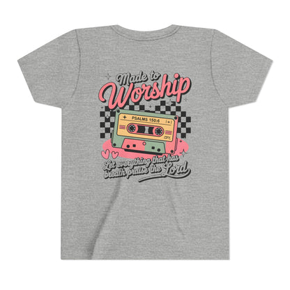 Made to Worship Youth Tee – Retro Cassette Christian Kids Shirt (Psalms 100:4)