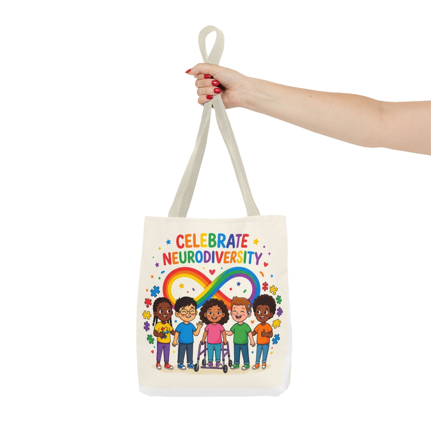 Celebrate Neurodiversity Tote Bag — Rainbow Infinity Symbol with Diverse Kids