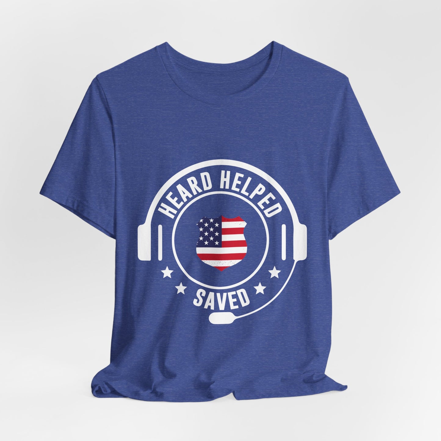 Headset Logo T-Shirt — "Heard Helped Saved" American Flag Design