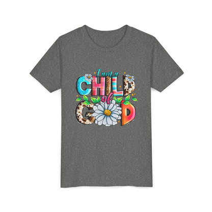 Youth Tee — "I Am a Child of God" Floral Christian Graphic