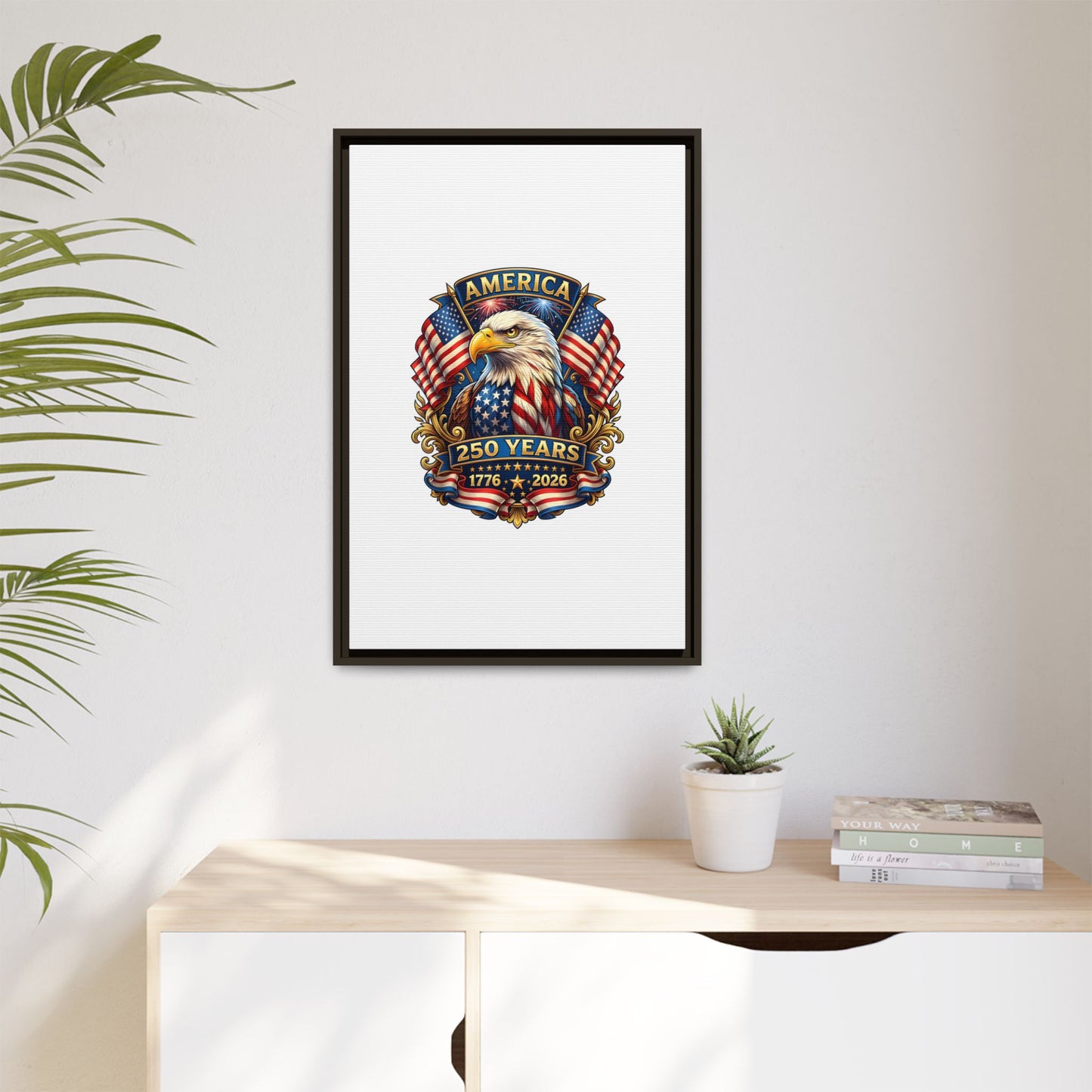 America 250th Anniversary Framed Canvas — Patriotic Bald Eagle Wall Art