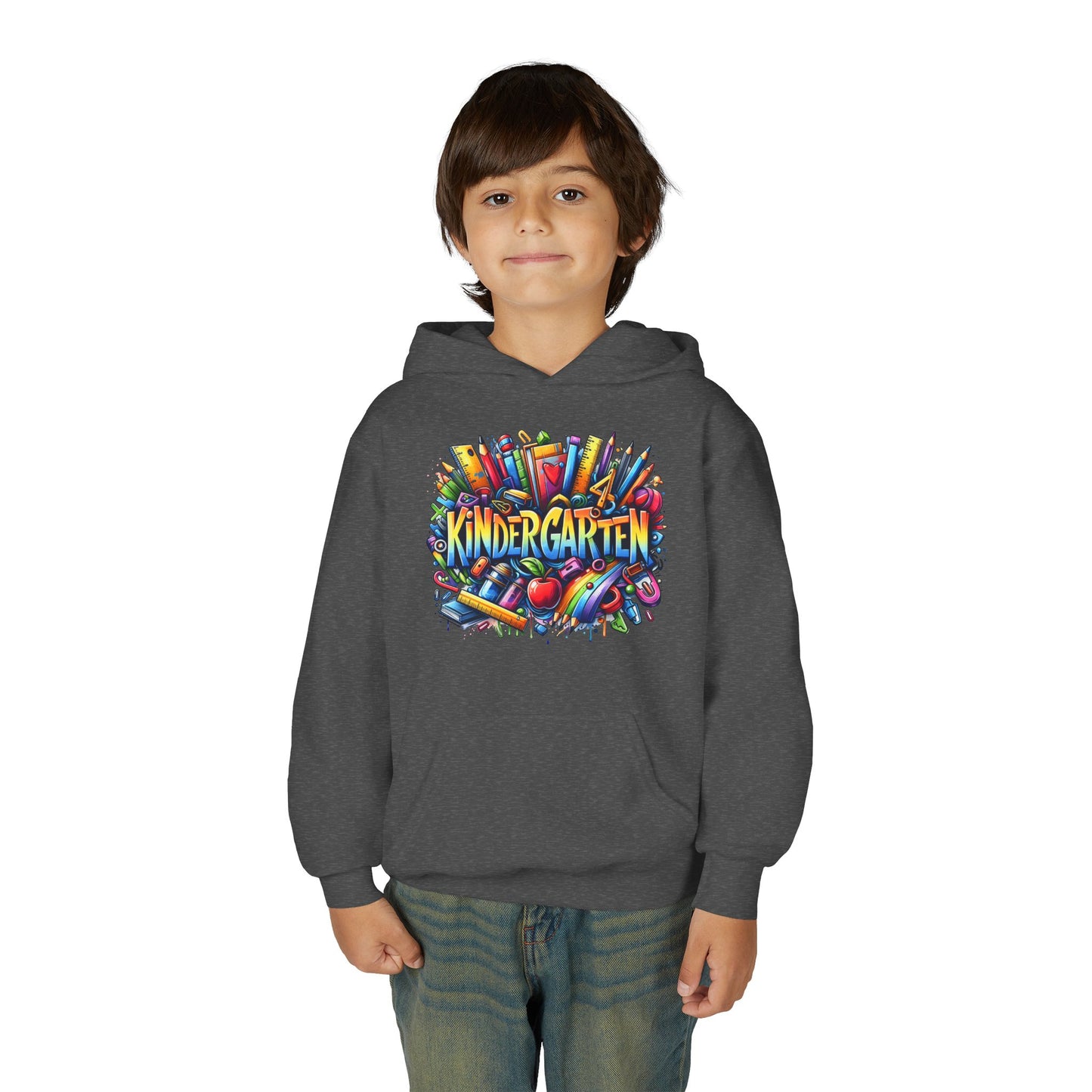 Kindergarten Kids Hoodie — Colorful School Supplies Back-to-School Sweatshirt
