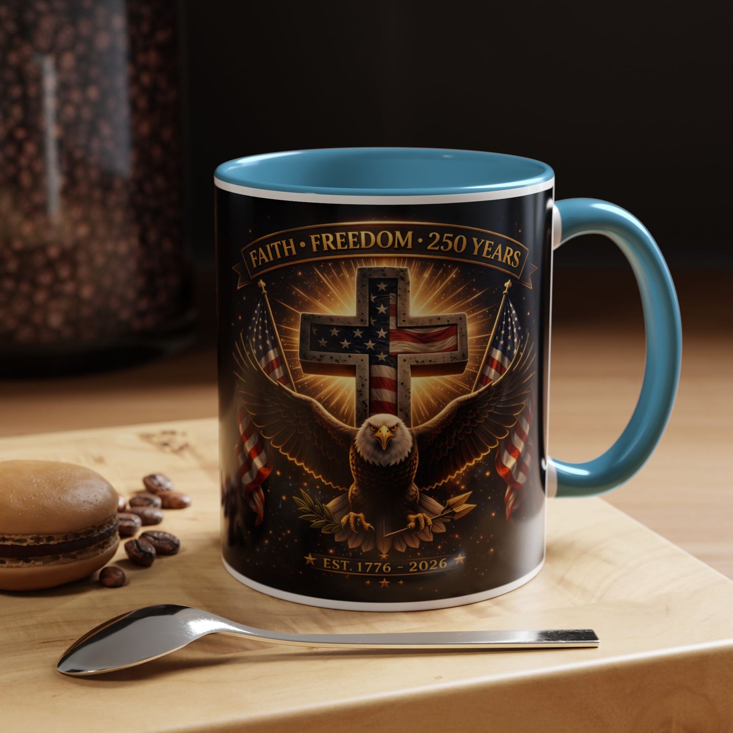Patriotic Faith & Freedom Accent Coffee Mug — Eagle, Cross & American Flag (1776–2026)