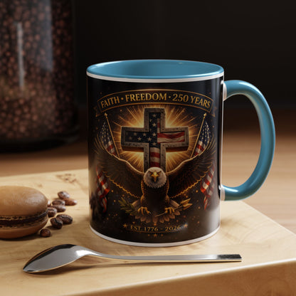 Patriotic Faith & Freedom Accent Coffee Mug — Eagle, Cross & American Flag (1776–2026)