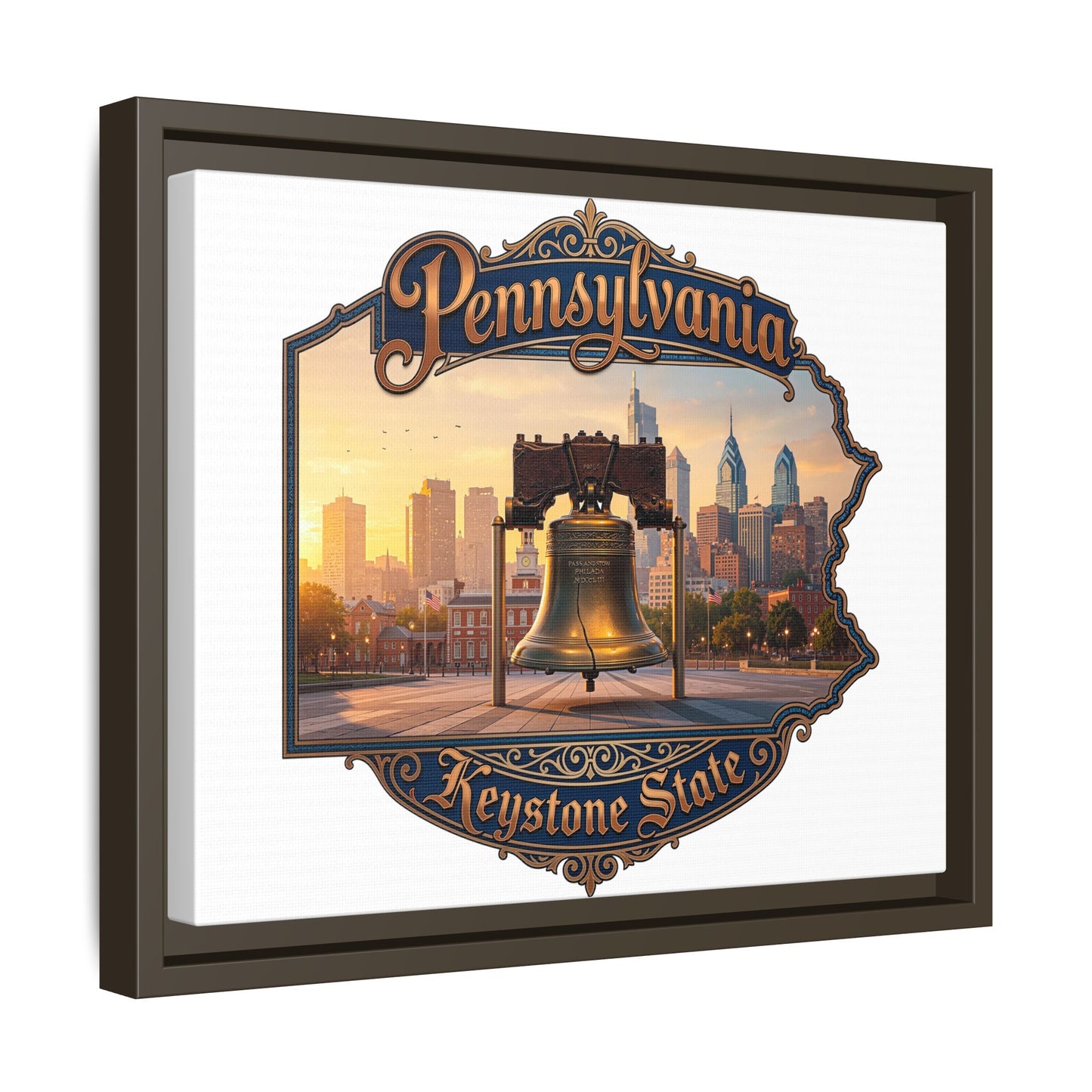 Pennsylvania Keystone State Framed Canvas Wall Art — Liberty Bell & Philadelphia Skyline