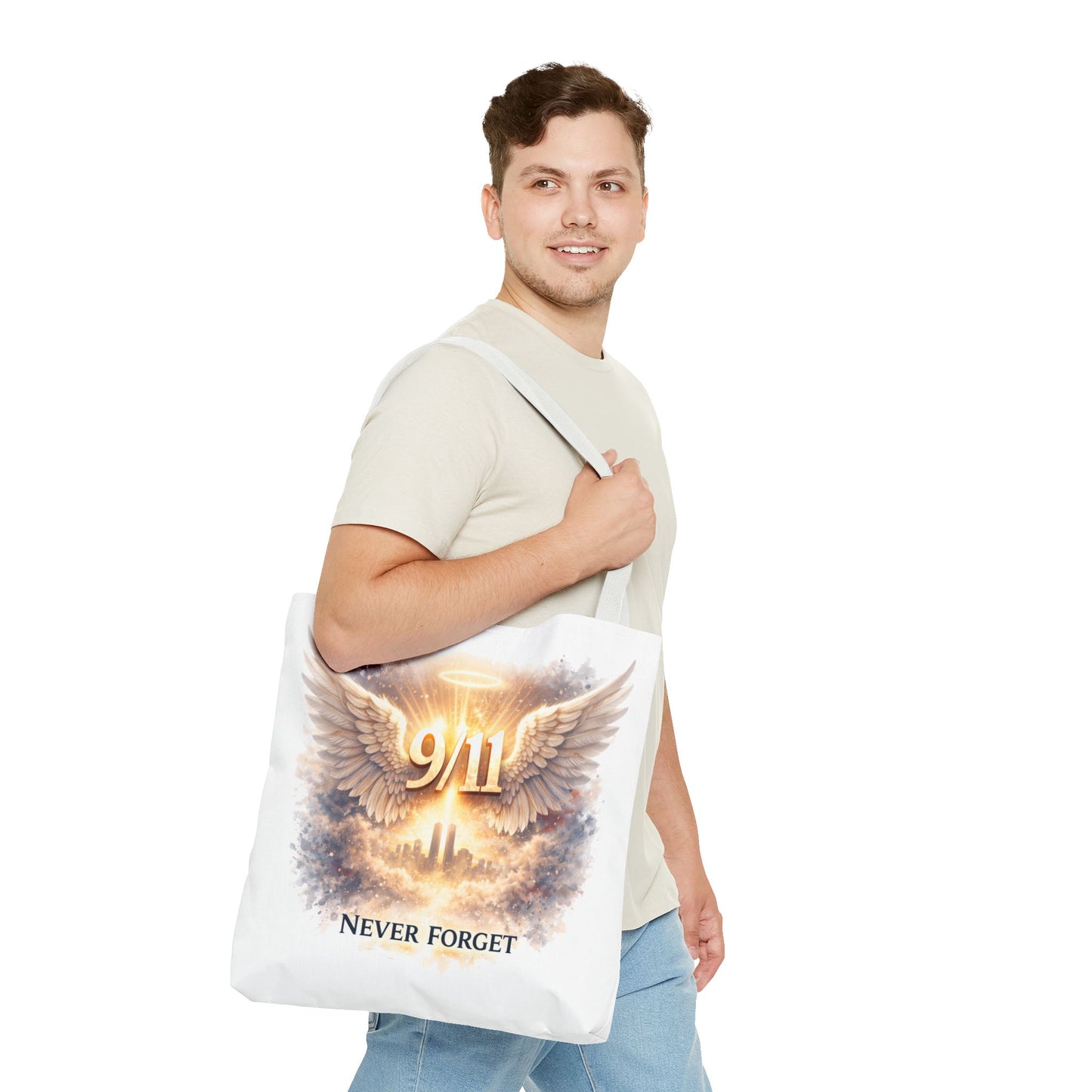 9/11 Memorial Tote Bag – 'Never Forget' Angel Wings Tribute