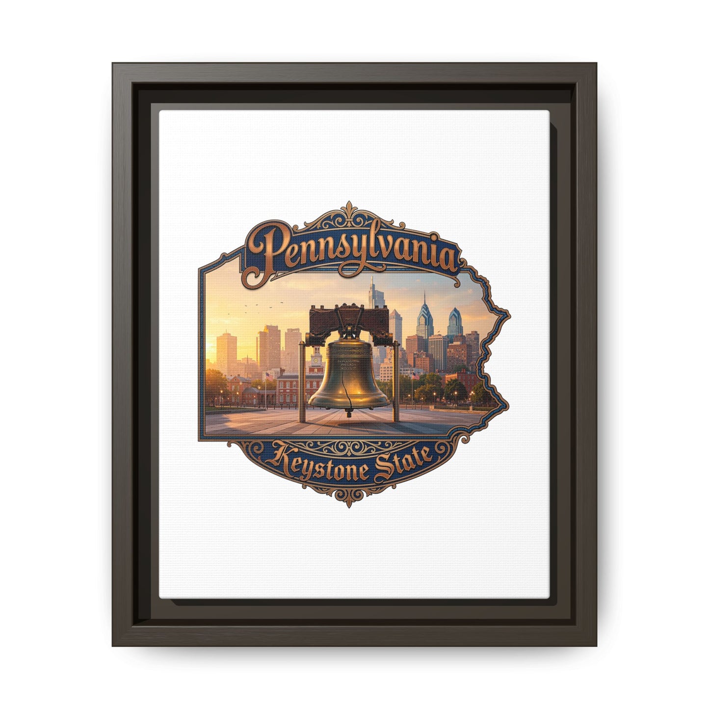 Pennsylvania Keystone State Framed Canvas Wall Art — Liberty Bell & Philadelphia Skyline