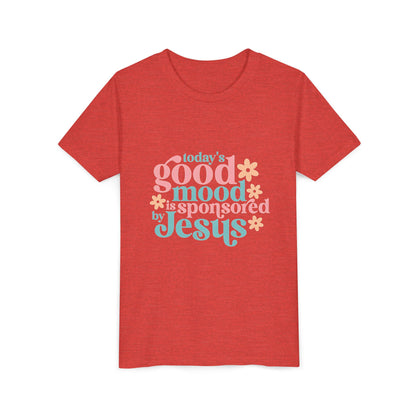 Youth Tee – "Today's Good Mood is Sponsored by Jesus" Retro Floral Christian Shirt