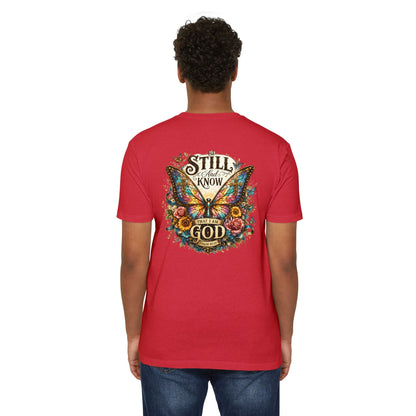 Christian Butterfly T-Shirt — "Be Still and Know That I Am God" Inspirational Tee