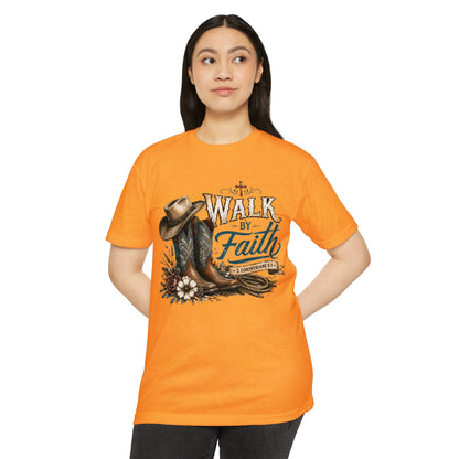 Walk By Faith T-Shirt — Christian Cowboy Boots & Hat Graphic Tee