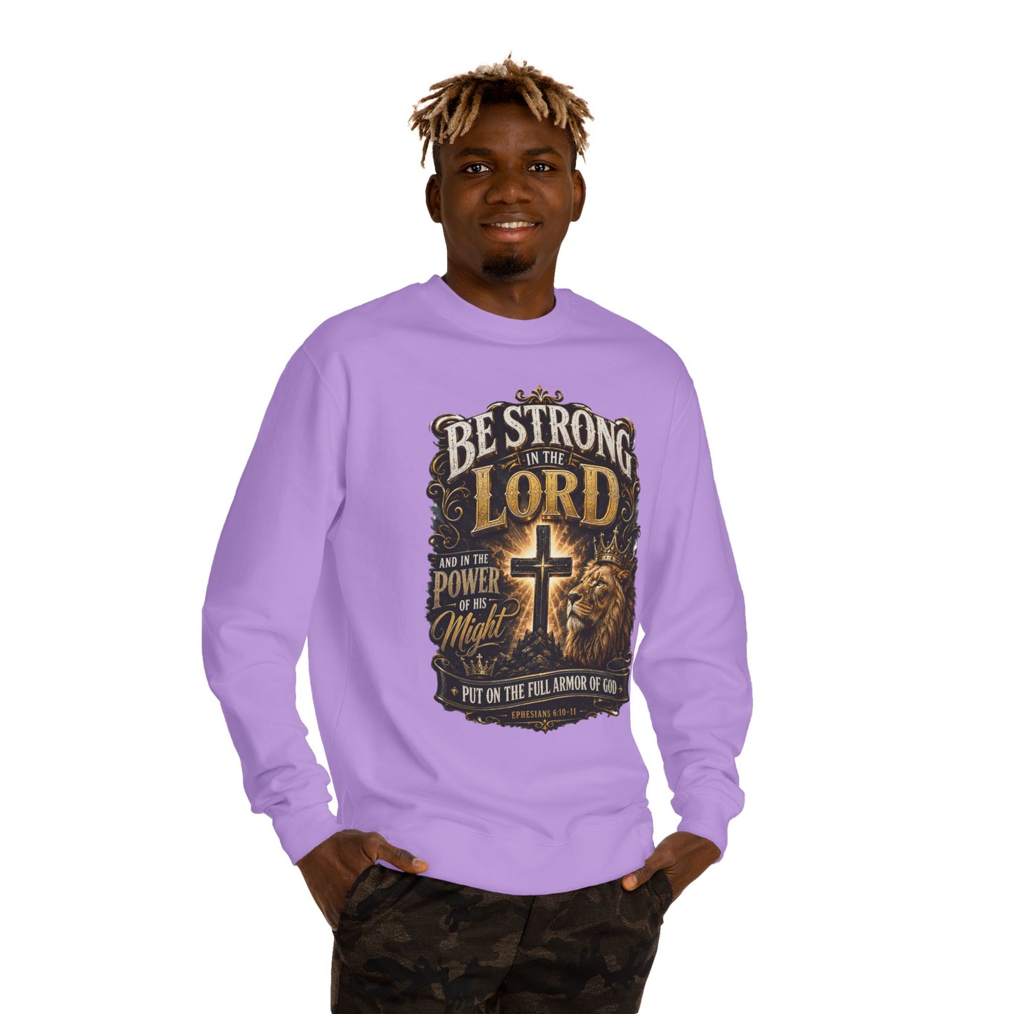 Christian Crewneck Sweatshirt — “Be Strong in the Lord” Cross & Lion Faith Pullover