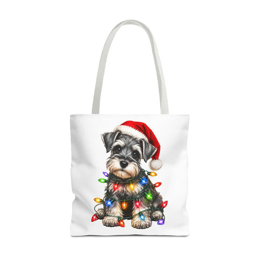 Christmas Schnauzer Tote Bag — Cute Puppy with Santa Hat & Holiday Lights