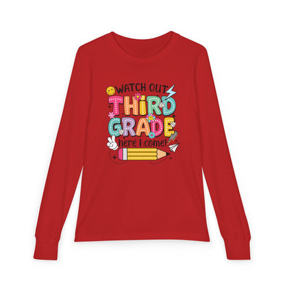 Youth Long Sleeve Tee "Watch Out Third Grade Here I Come" Back-to-School Shirt