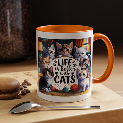 Life Is Better With Cats Accent Coffee Mug – Cute Kitten Cat Lover Gift (11/15oz)