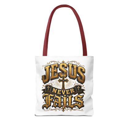 Jesus Never Fails Tote Bag — Christian Faith AOP Canvas Tote