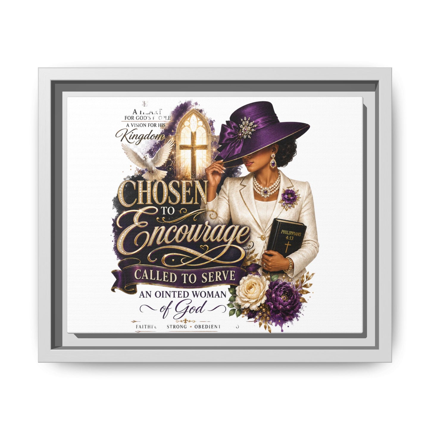 Chosen to Encourage — Framed Faith Canvas Wall Art (Called to Serve, Anointed Woman of God)