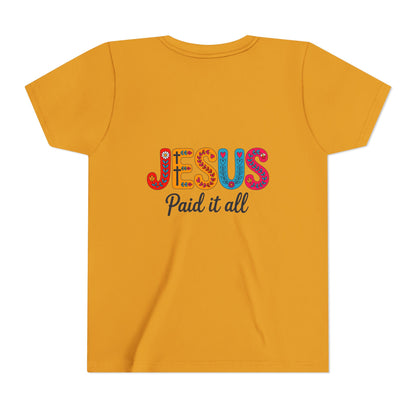 Youth Tee — "Jesus Paid It All" Colorful Faith Graphic