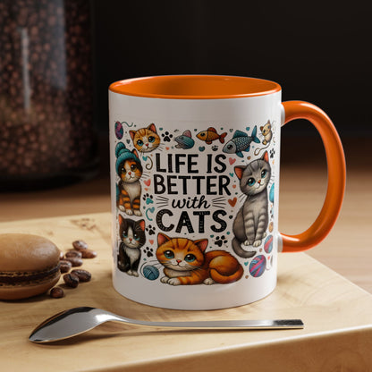 Life Is Better With Cats Accent Coffee Mug – Cute Kitten Ceramic Tea Cup (11/15oz)