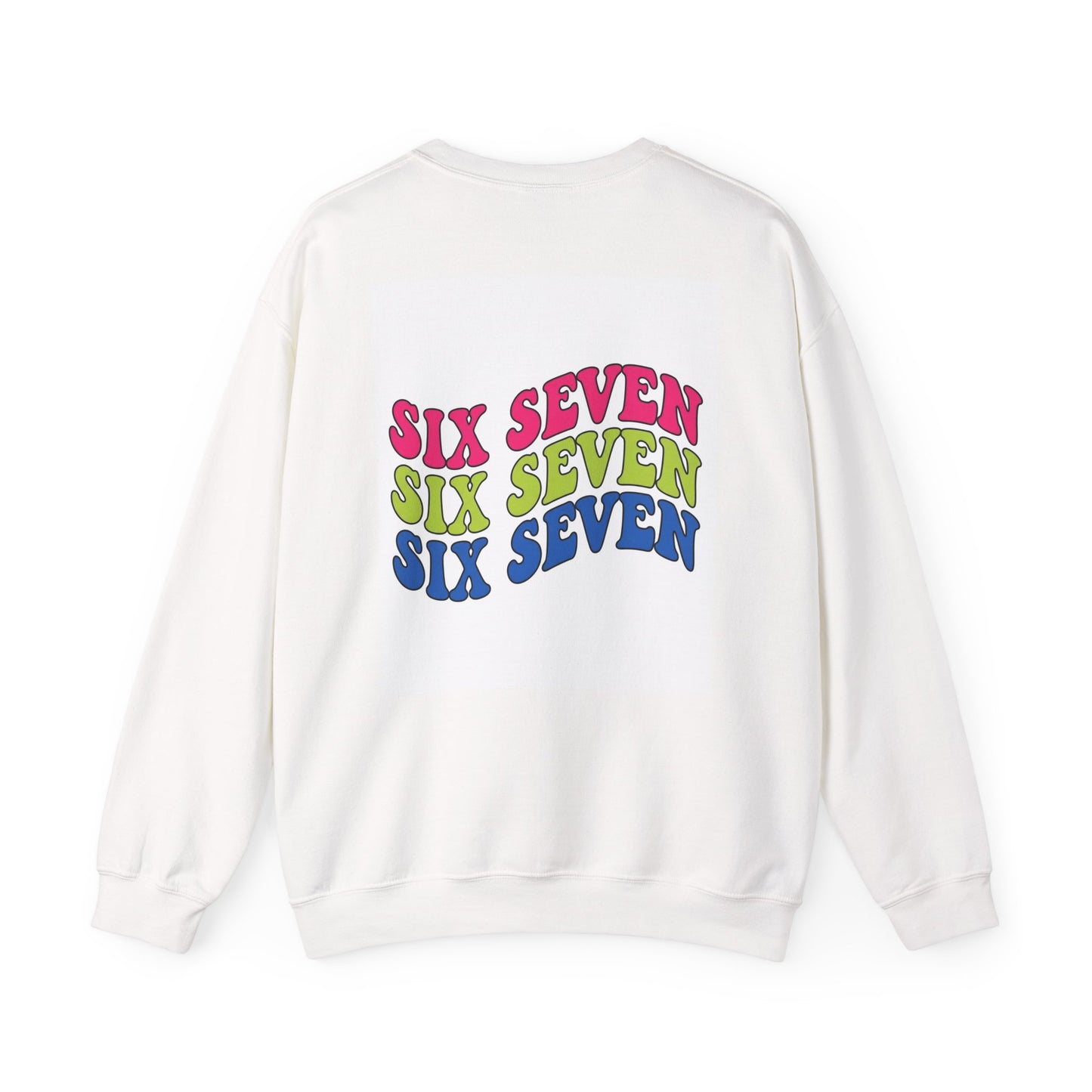 Retro "Six Seven" Graphic Crewneck Sweatshirt — Colorful Wavy Text Pullover