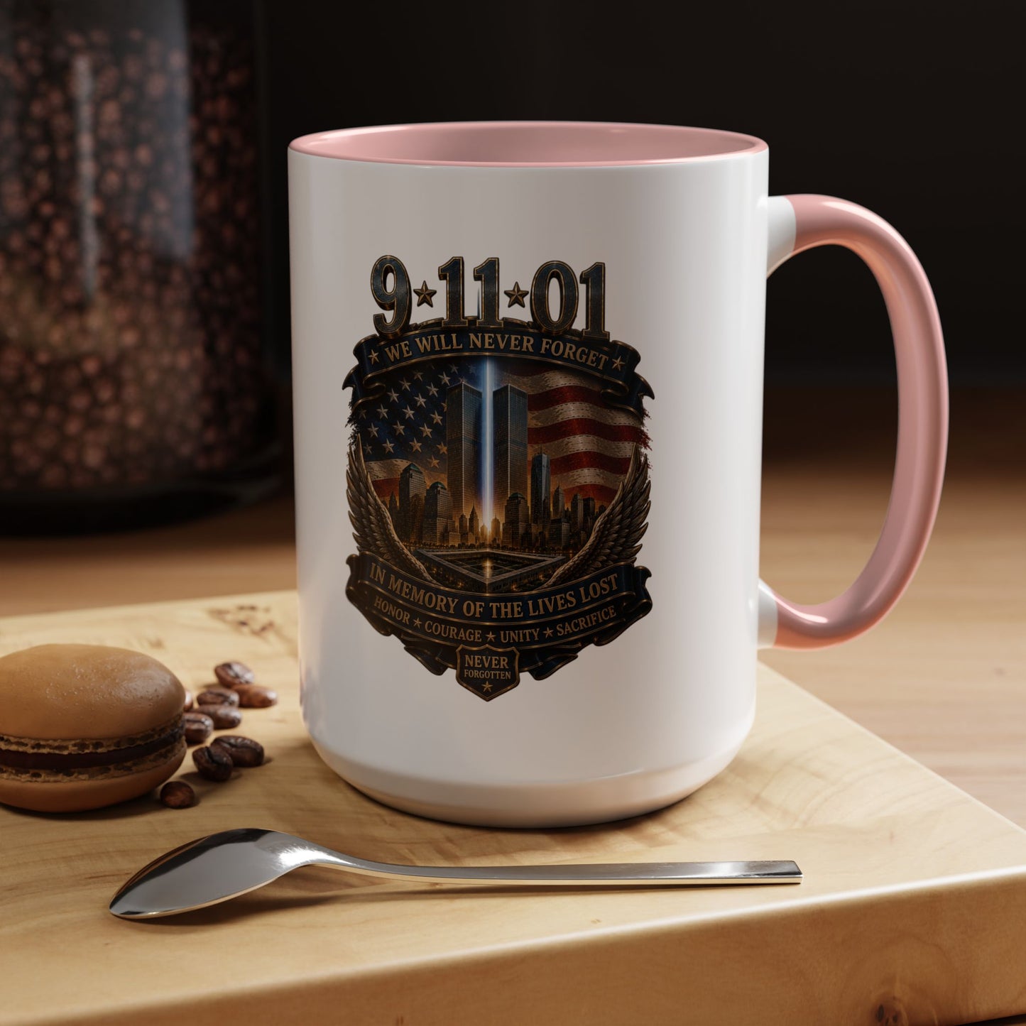 9/11 Memorial Coffee Mug — 'We Will Never Forget' Tribute Accent Mug